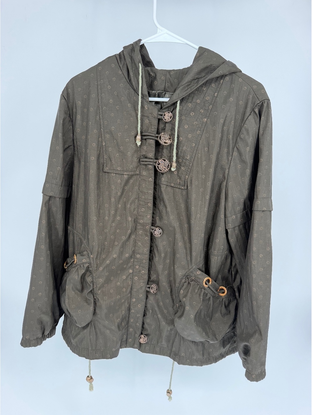 Brown Hooded Jacket with Button Closures and Drawstring Pockets